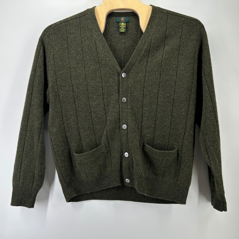 Club Room Cardigan Sweater Mens L Olive Green Lambswool Ribbed V-Neck Button Up